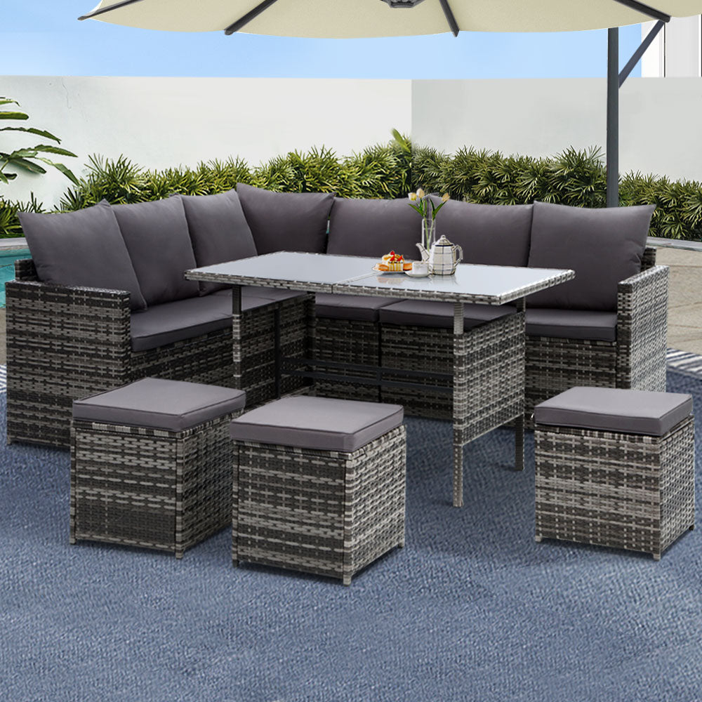 9-Seat Wicker Outdoor Sofa Dining Set - Mixed Grey - Homecoze
