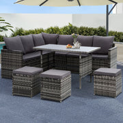 9-Seat Wicker Outdoor Sofa Dining Set - Mixed Grey - Homecoze