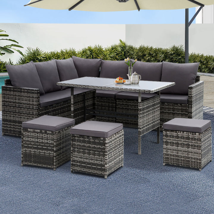 9-Seat Wicker Outdoor Sofa Dining Set - Mixed Grey
