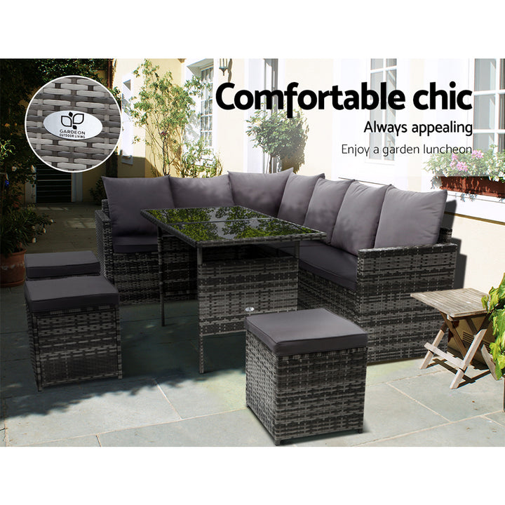 9-Seat Wicker Outdoor Sofa Dining Set - Mixed Grey