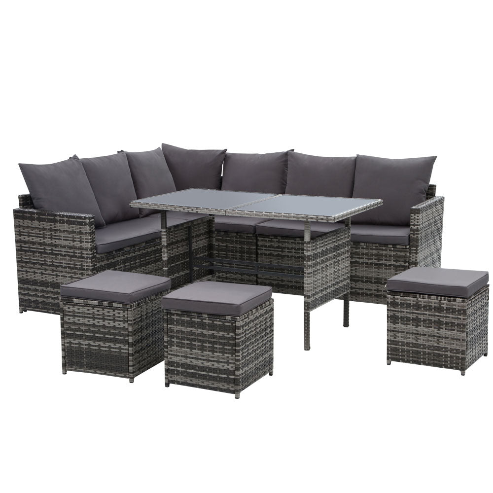 9-Seat Wicker Outdoor Sofa Dining Set - Mixed Grey
