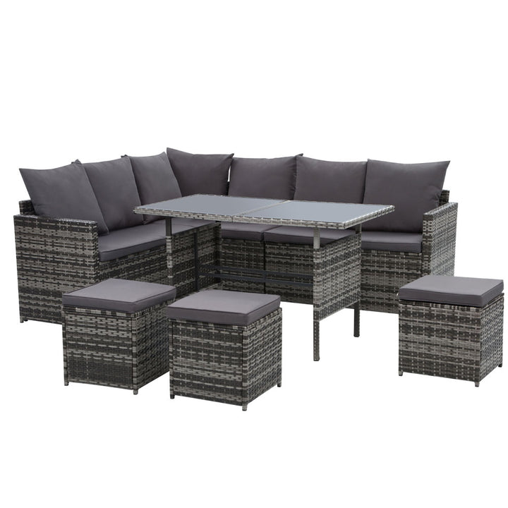 9-Seat Wicker Outdoor Sofa Dining Set - Mixed Grey