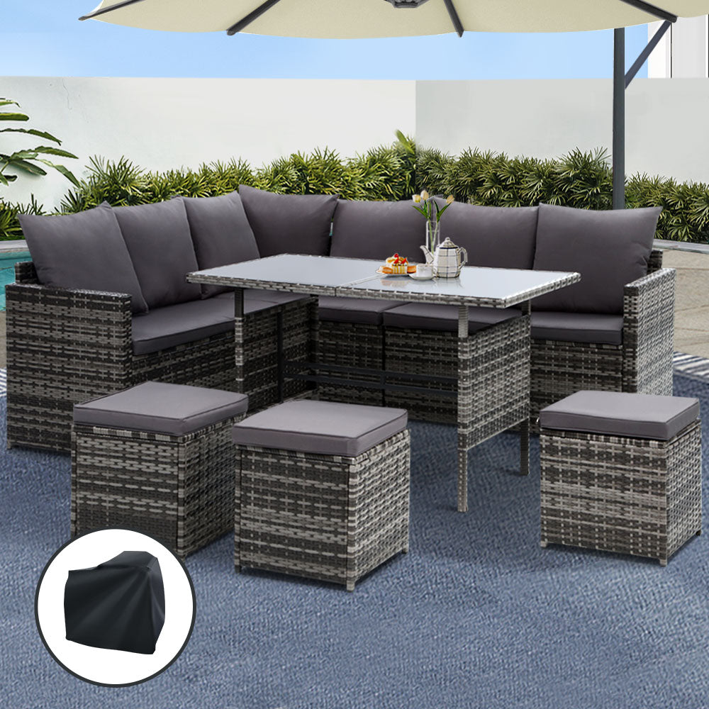 9-Seat Wicker Outdoor Sofa Dining Set with Storage Cover - Mixed Grey - Homecoze