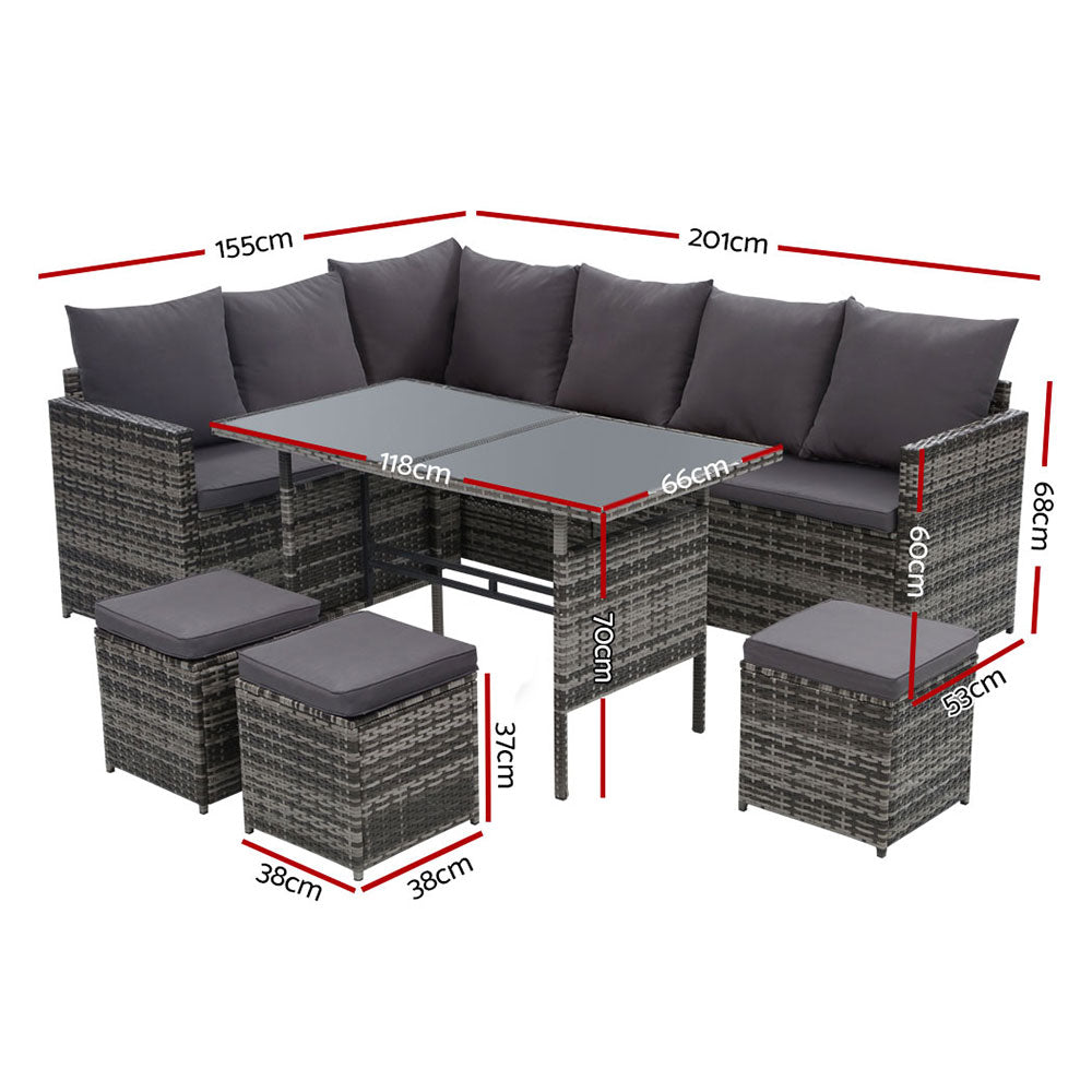 9-Seat Wicker Outdoor Sofa Dining Set with Storage Cover - Mixed Grey