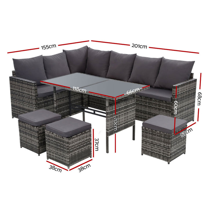 9-Seat Wicker Outdoor Sofa Dining Set with Storage Cover - Mixed Grey