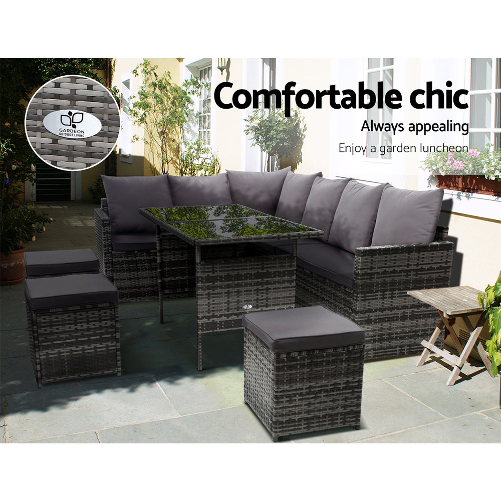 9-Seat Wicker Outdoor Sofa Dining Set with Storage Cover - Mixed Grey