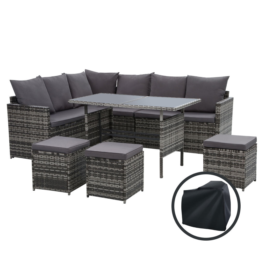 9-Seat Wicker Outdoor Sofa Dining Set with Storage Cover - Mixed Grey