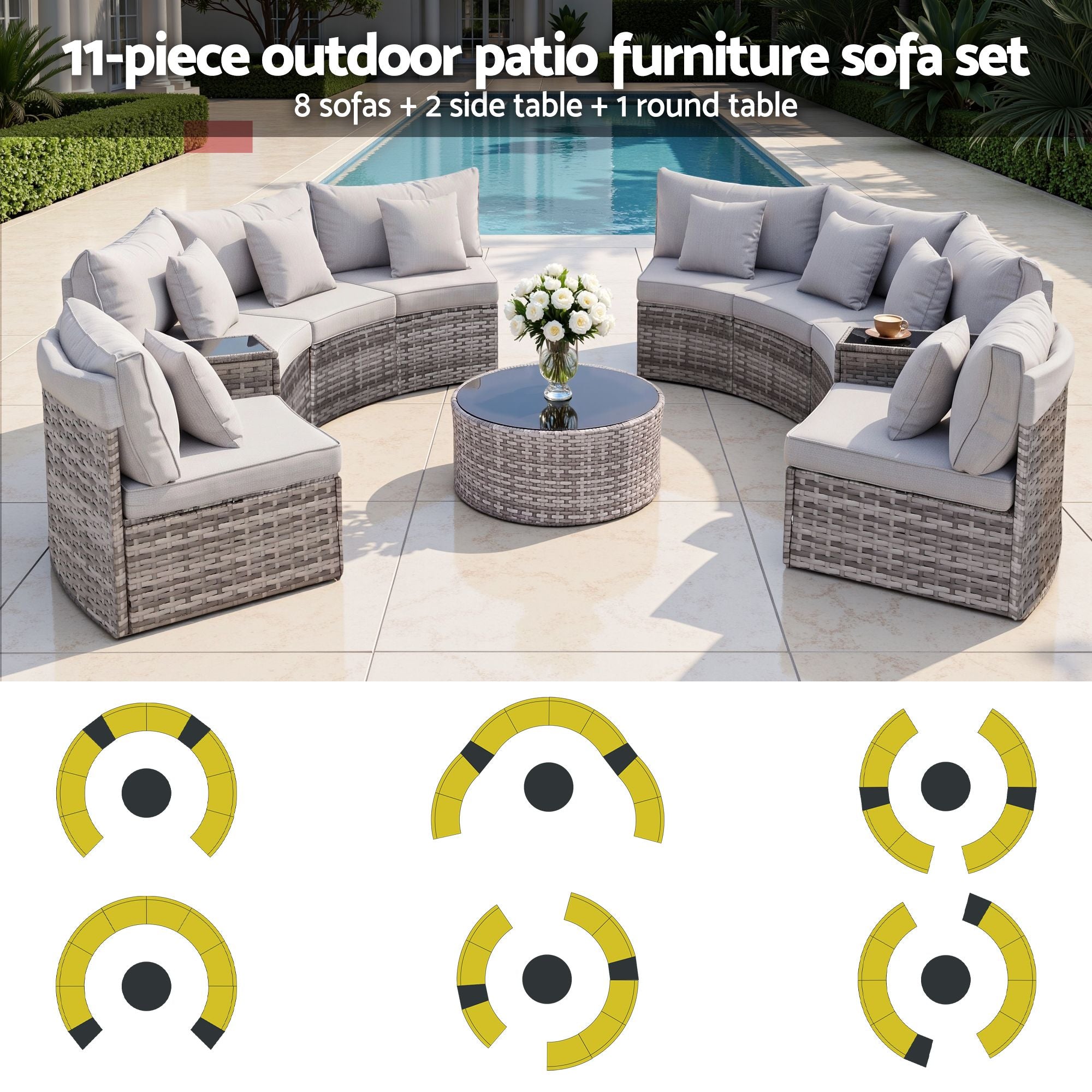 8-Seat Modular Outdoor Sofa Set 11PC - Grey