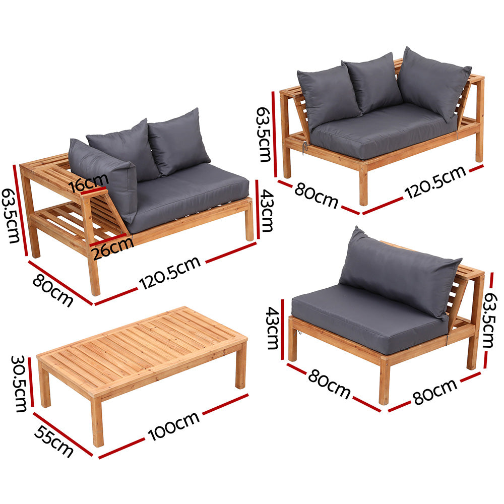Gardeon 4 Pieces Outdoor Sofa Set 5-Seater Wooden Bench with Built-in Side Table - Homecoze