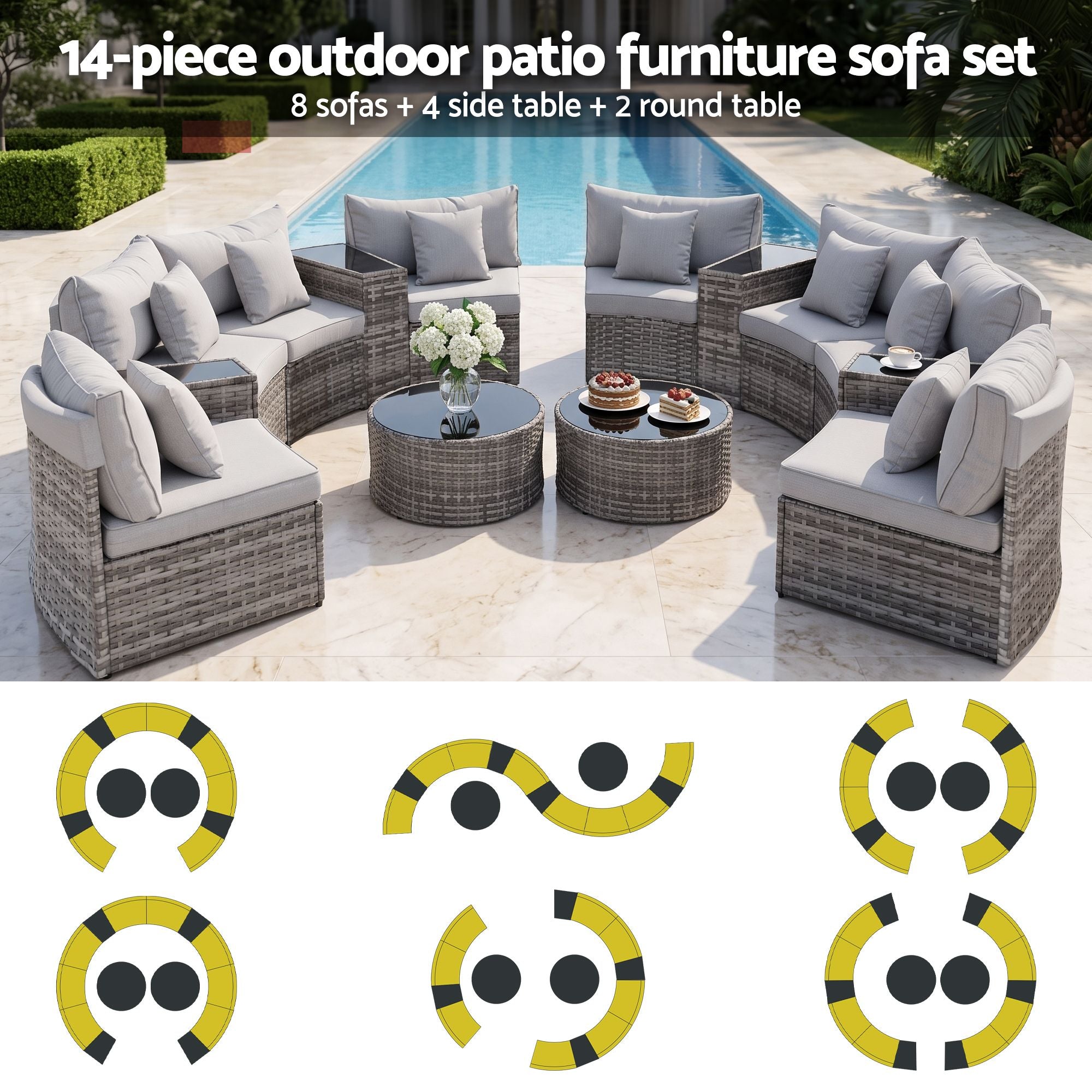 8-Seat Modular Outdoor Sofa Set 14PC - Grey