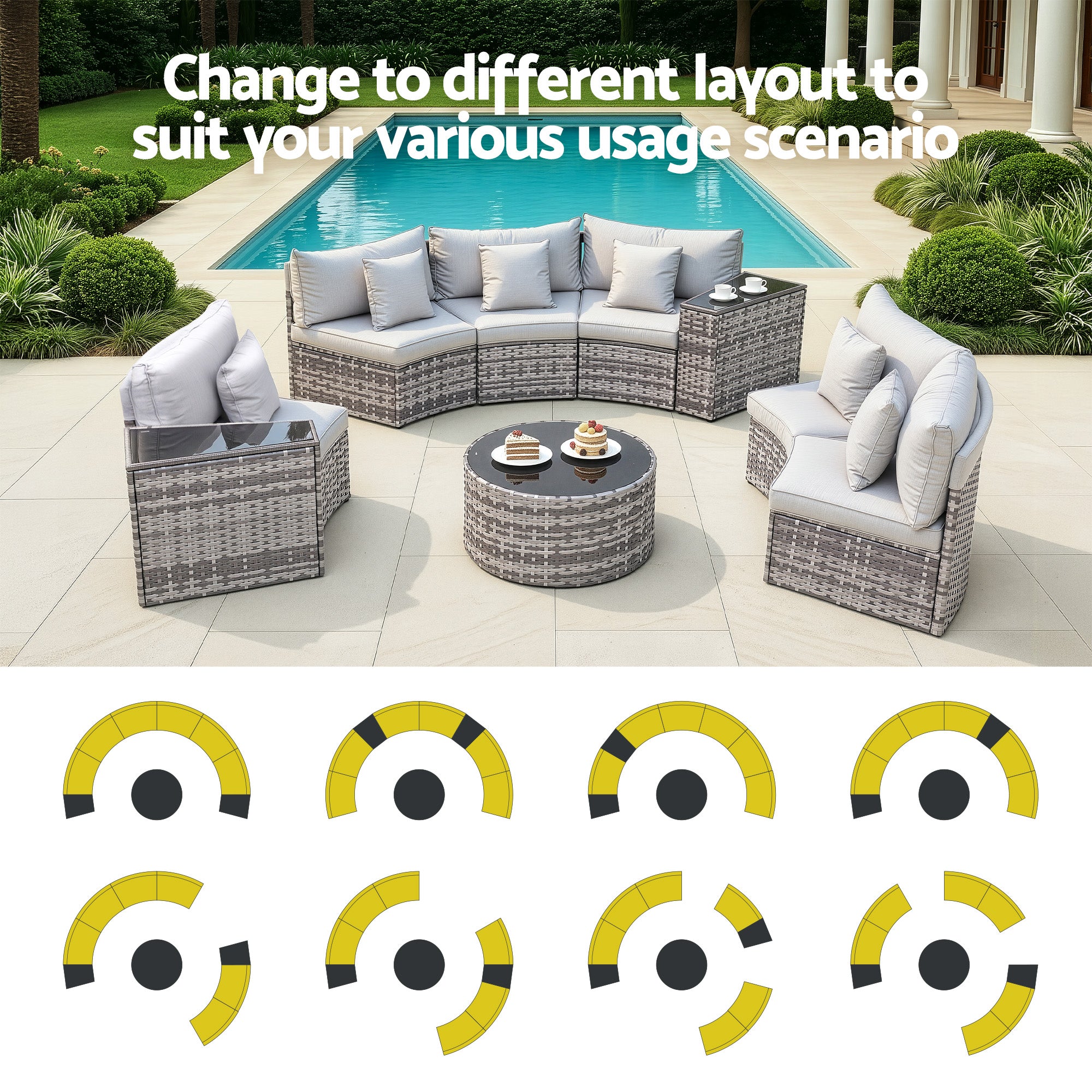 Gardeon 6 Seater Outdoor Sofa Set 9PCS Table Chair Set Garden Rattan Patio Furniture - Homecoze