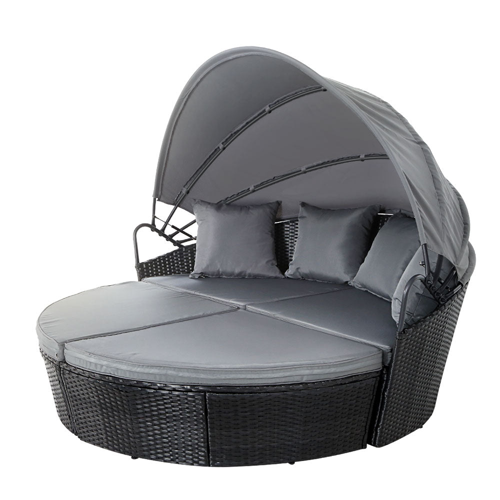 3PC Wicker Sun Lounge Daybed Sofa - Black & Grey - Homecoze
