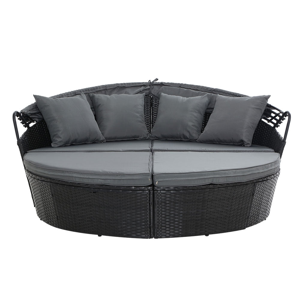 3PC Wicker Sun Lounge Daybed Sofa - Black & Grey - Homecoze