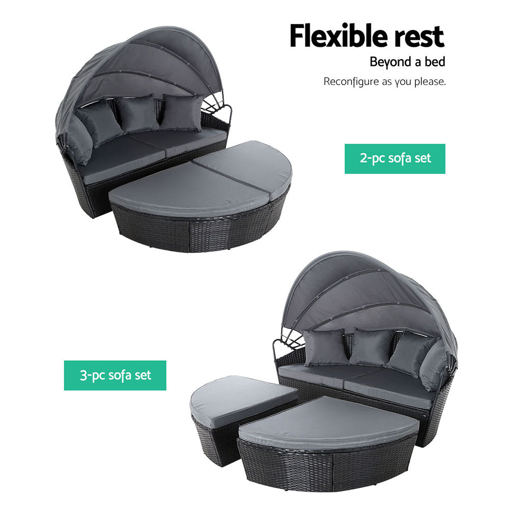 3PC Wicker Sun Lounge Daybed Sofa - Black & Grey - Homecoze