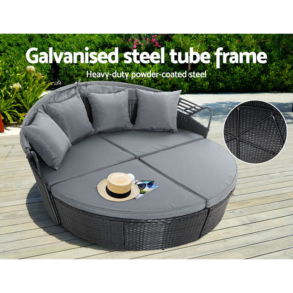 3PC Wicker Sun Lounge Daybed Sofa - Black & Grey - Homecoze