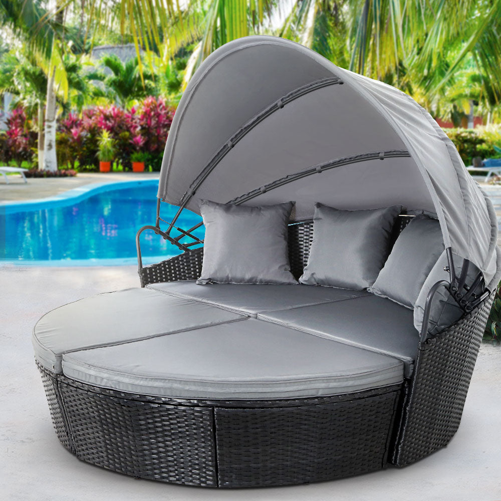 3PC Wicker Sun Lounge Daybed Sofa - Black & Grey - Homecoze