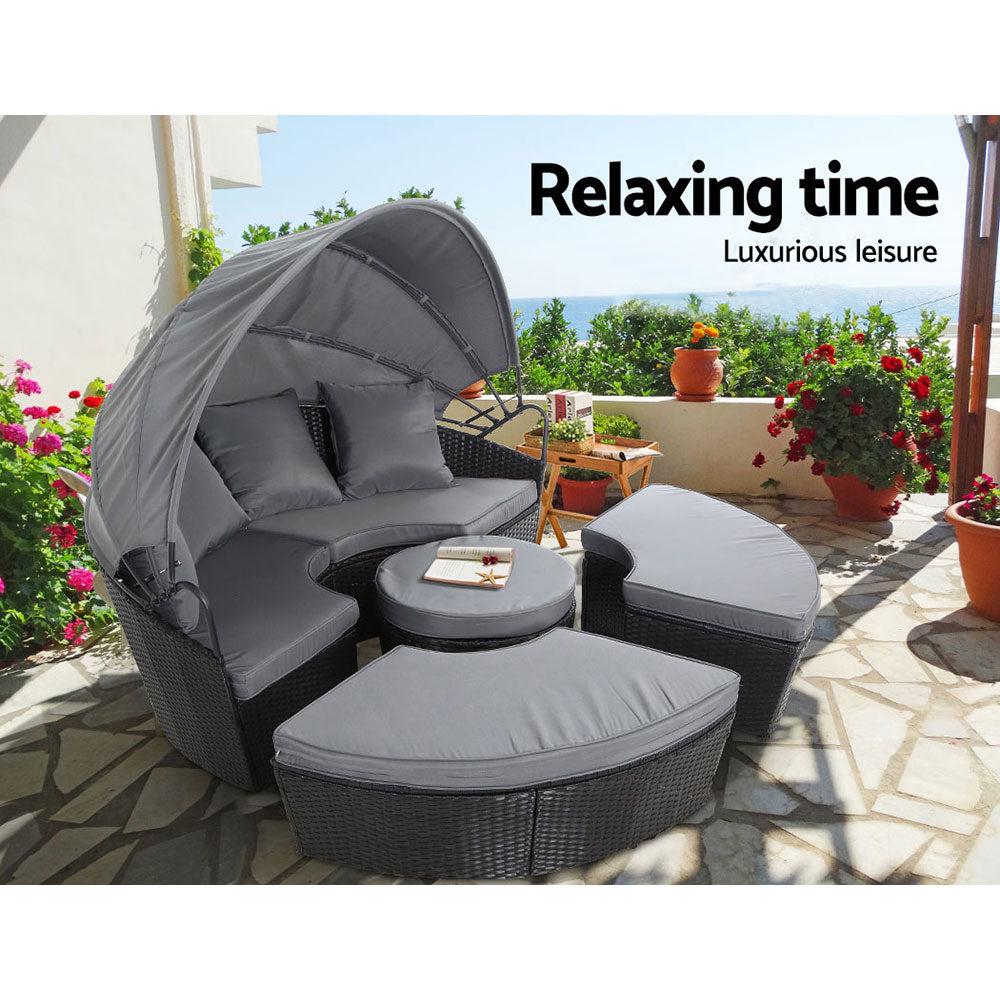 4PC Wicker Sun Lounge Daybed Sofa - Black & Grey - Homecoze