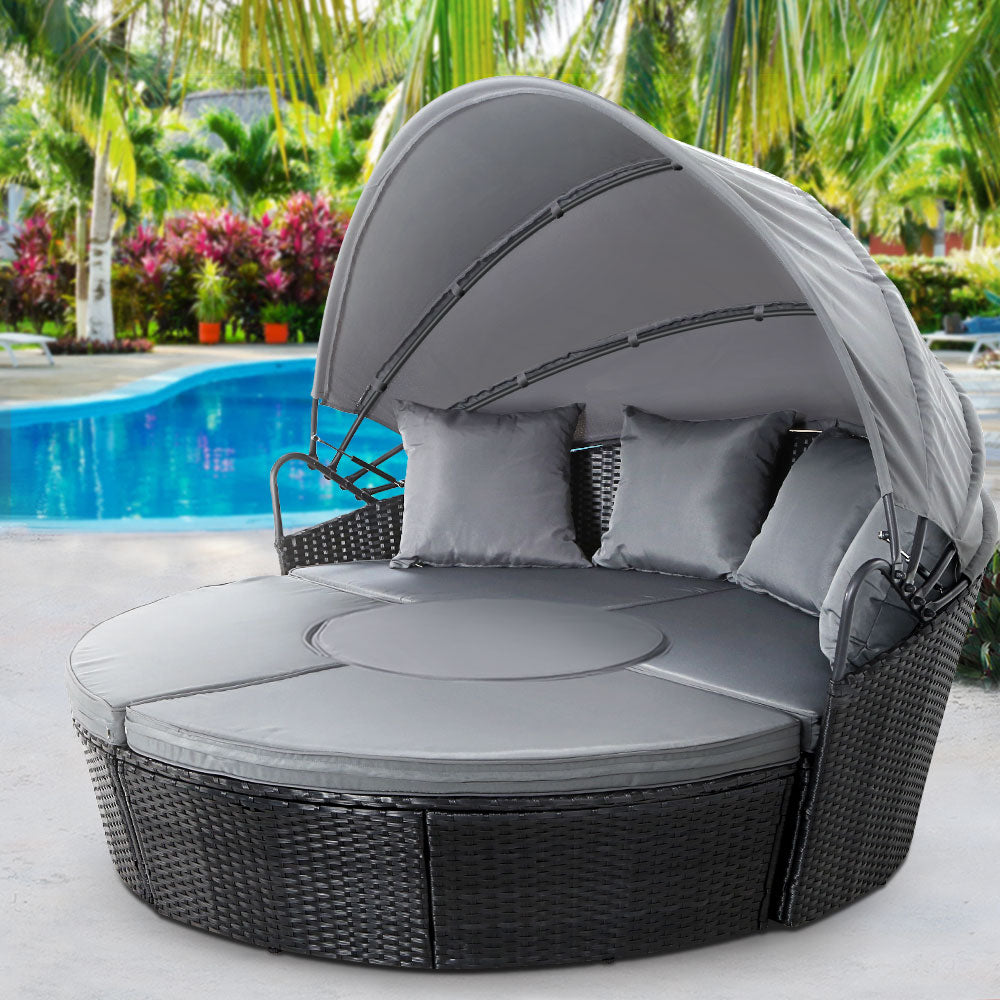 4PC Wicker Sun Lounge Daybed Sofa - Black & Grey - Homecoze