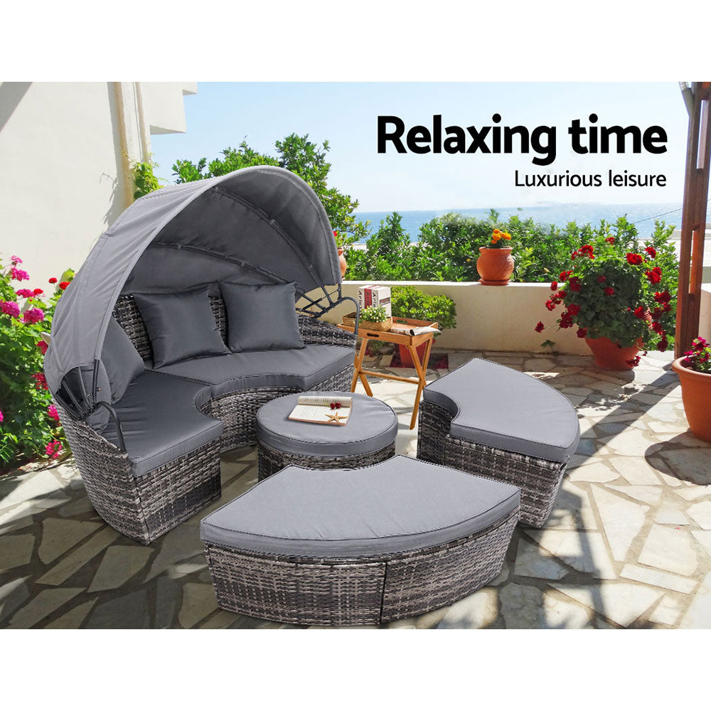 4PC Wicker Sun Lounge Daybed Sofa - Grey - Homecoze
