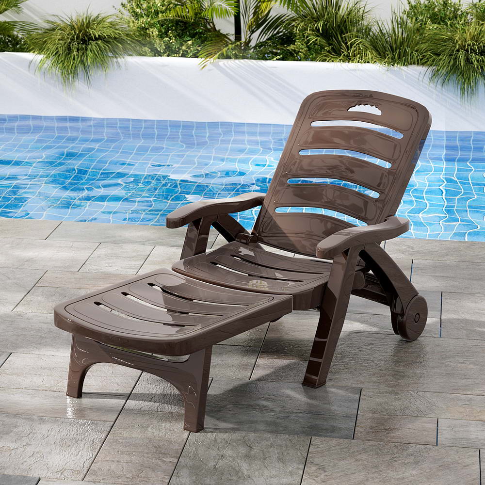 Outdoor Folding Sun Lounger with Wheels - Brown