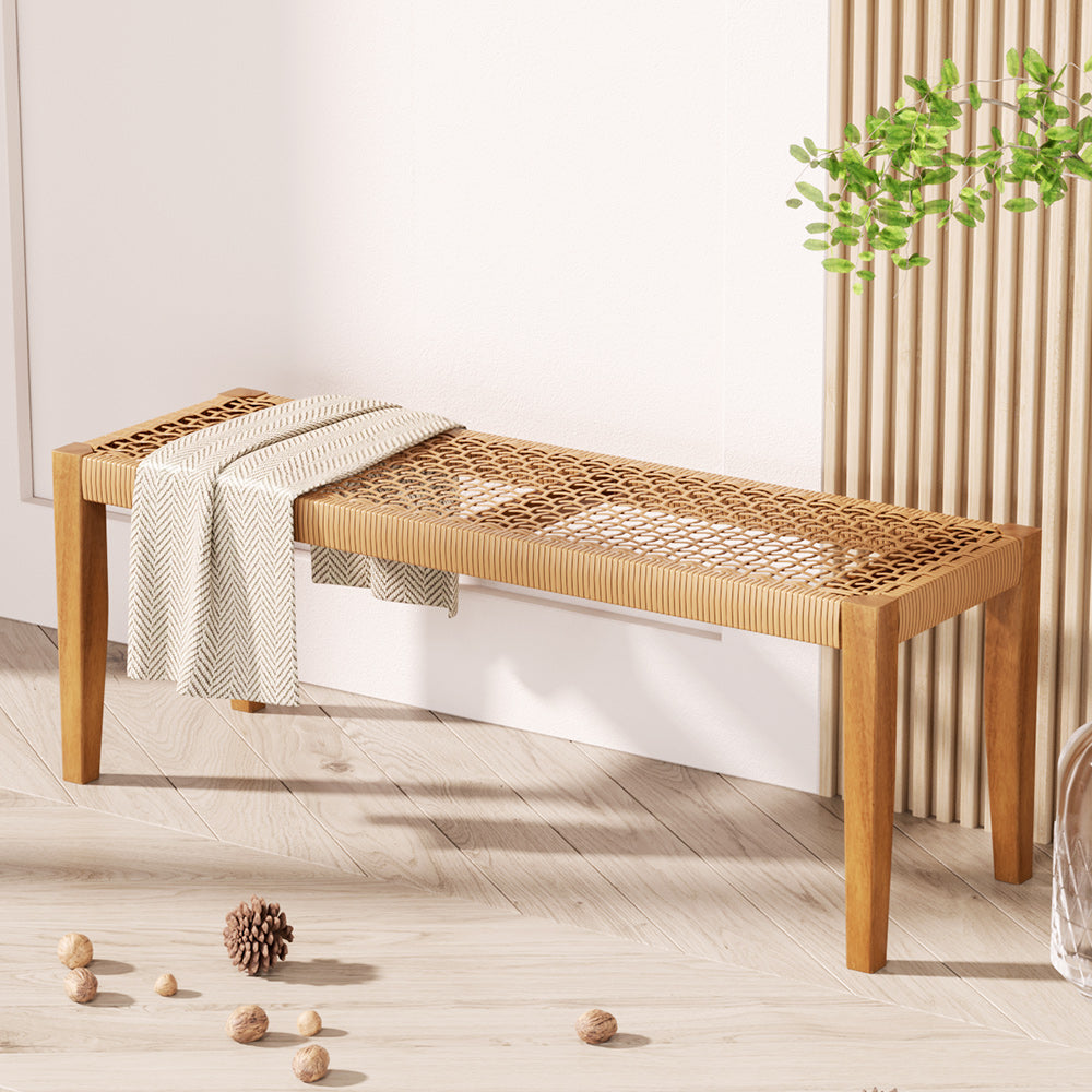 2 Seater Indoor Outdoor Dining Chair Bench Seat Acacia Wood with PE Wicker - Homecoze