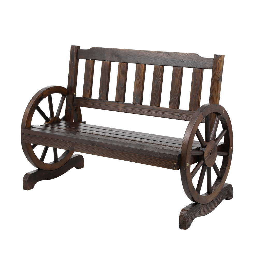 Wooden 2 Seater Rustic Wagon Wheel Garden Bench Chair - Brown - Homecoze