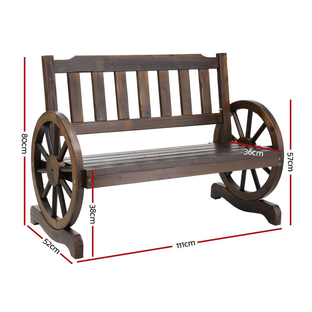 Wooden 2 Seater Rustic Wagon Wheel Garden Bench Chair - Brown - Homecoze