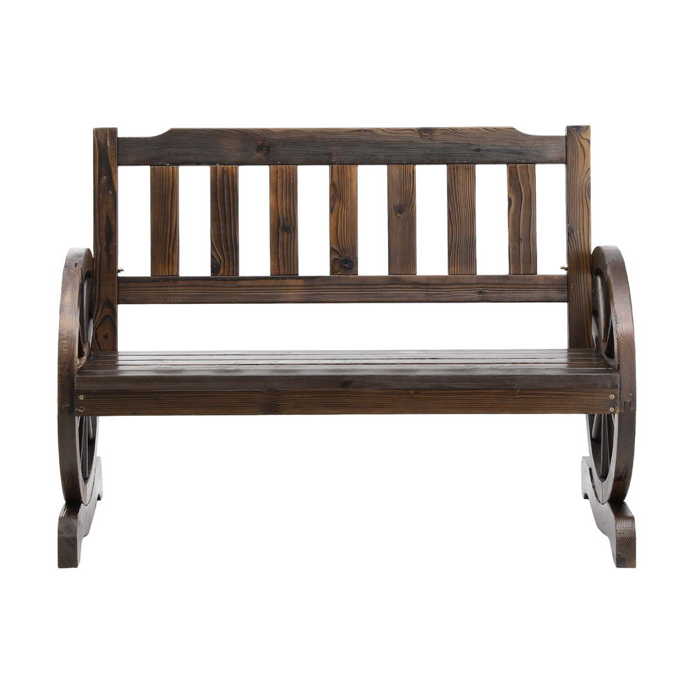 Wooden 2 Seater Rustic Wagon Wheel Garden Bench Chair - Brown - Homecoze