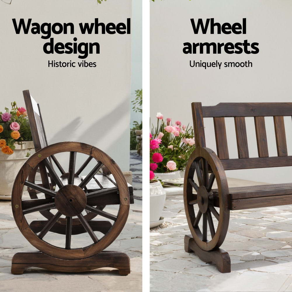 Wooden 2 Seater Rustic Wagon Wheel Garden Bench Chair - Brown - Homecoze