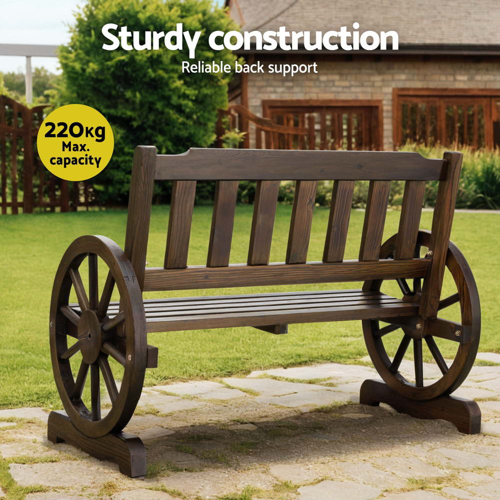 Wooden 2 Seater Rustic Wagon Wheel Garden Bench Chair - Brown - Homecoze