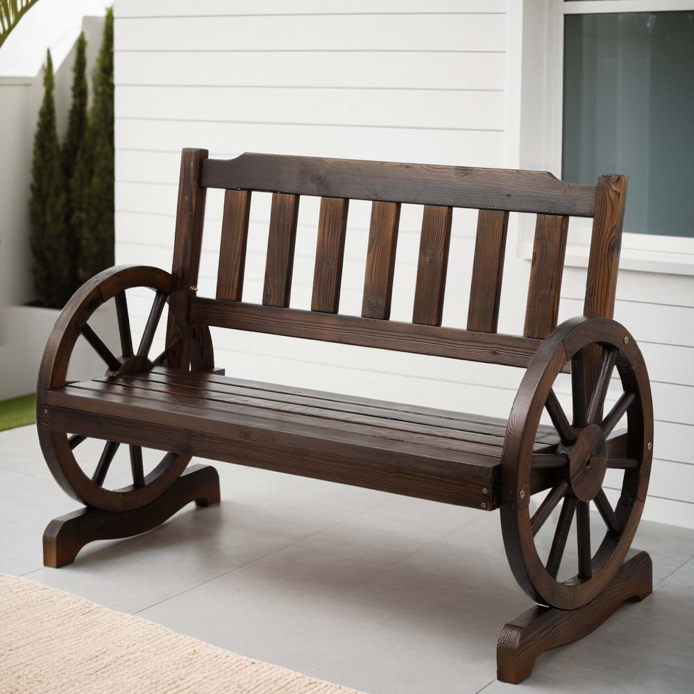 Wooden 2 Seater Rustic Wagon Wheel Garden Bench Chair - Brown - Homecoze