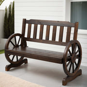 Wooden 2 Seater Rustic Wagon Wheel Garden Bench Chair - Brown - Homecoze