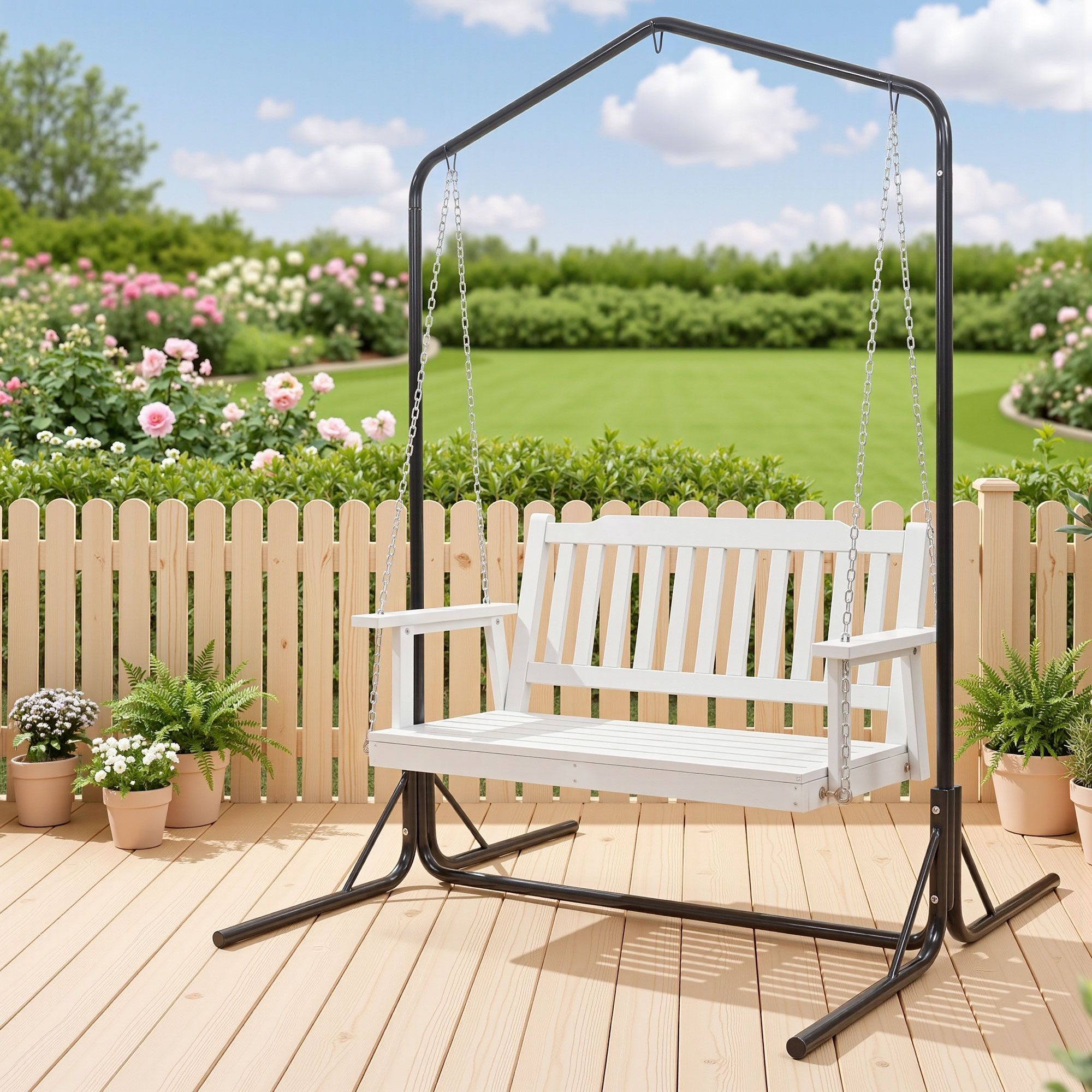 Aria (2 Seater) Outdoor Garden Bench Swing with Stand - White