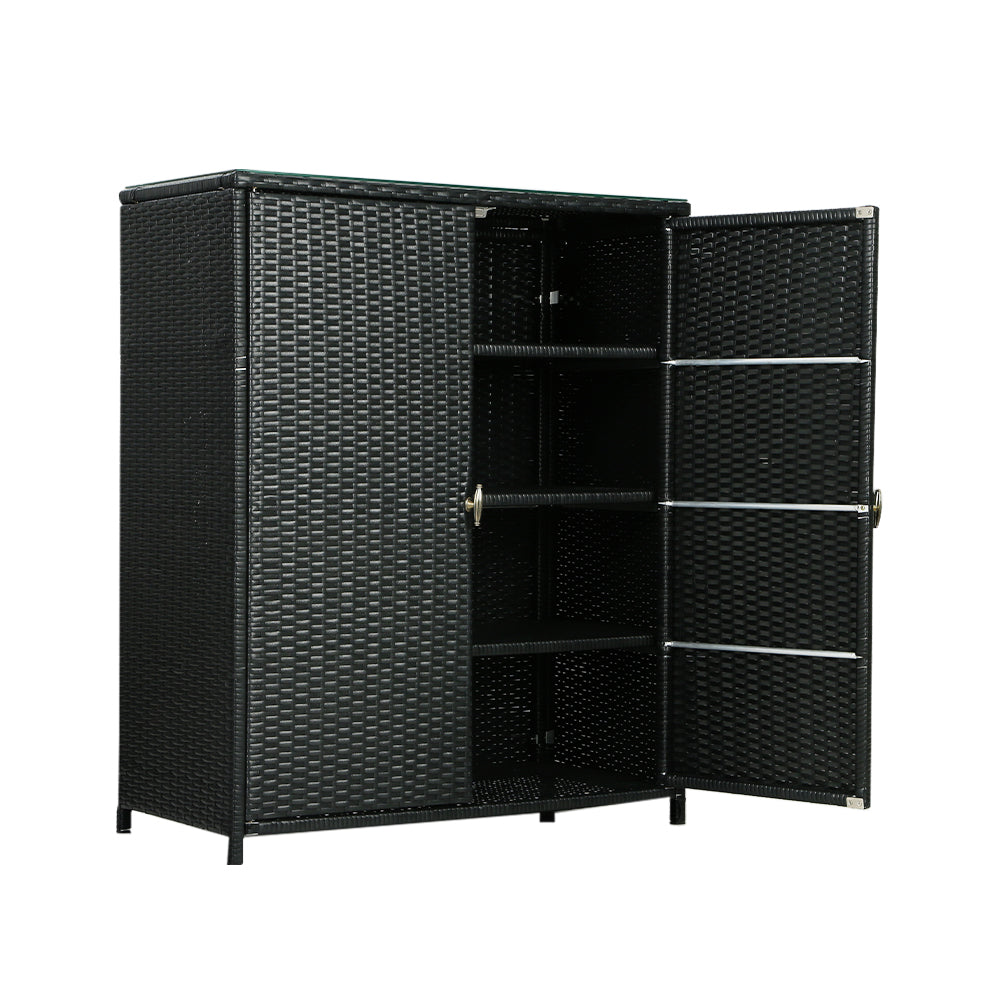 Wicker 2-in-1 Outdoor Table & Storage Cabinet with Glass Top - Black - Homecoze
