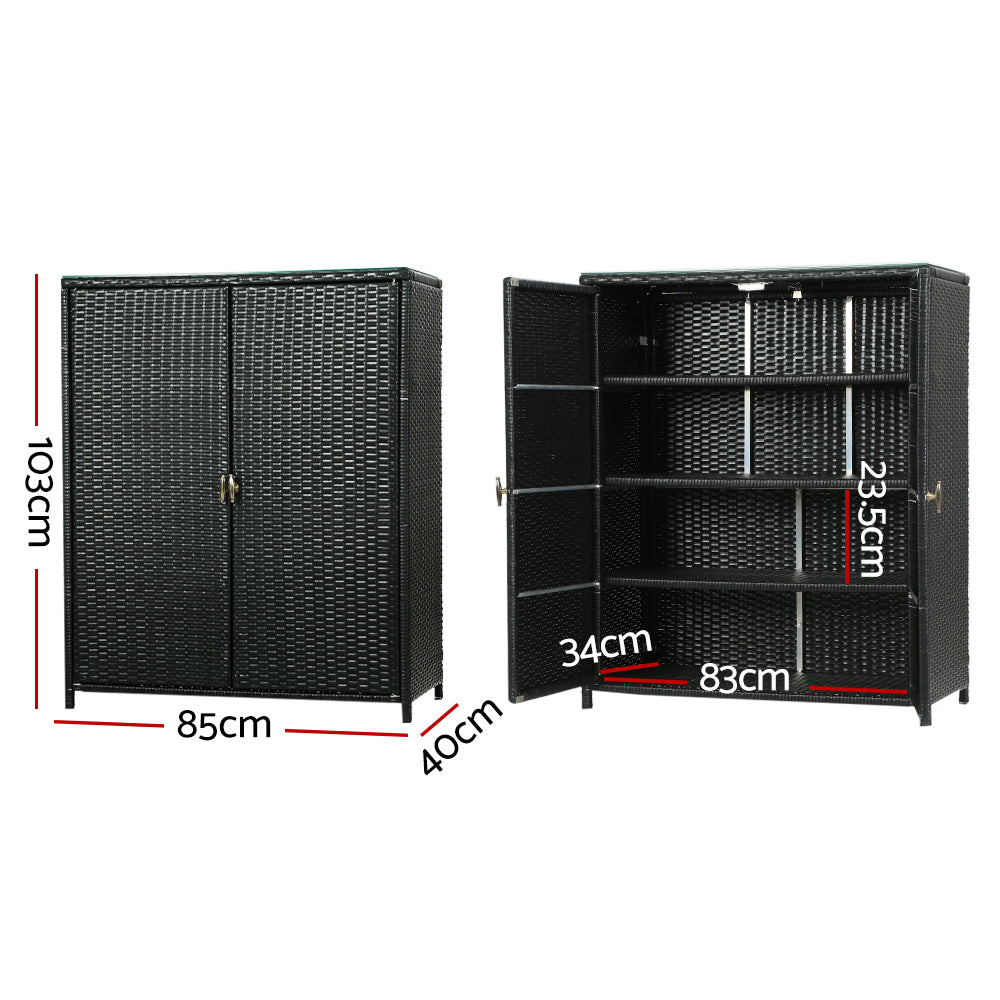 Wicker 2-in-1 Outdoor Table & Storage Cabinet with Glass Top - Black - Homecoze