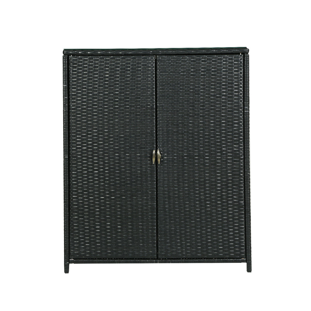 Wicker 2-in-1 Outdoor Table & Storage Cabinet with Glass Top - Black - Homecoze