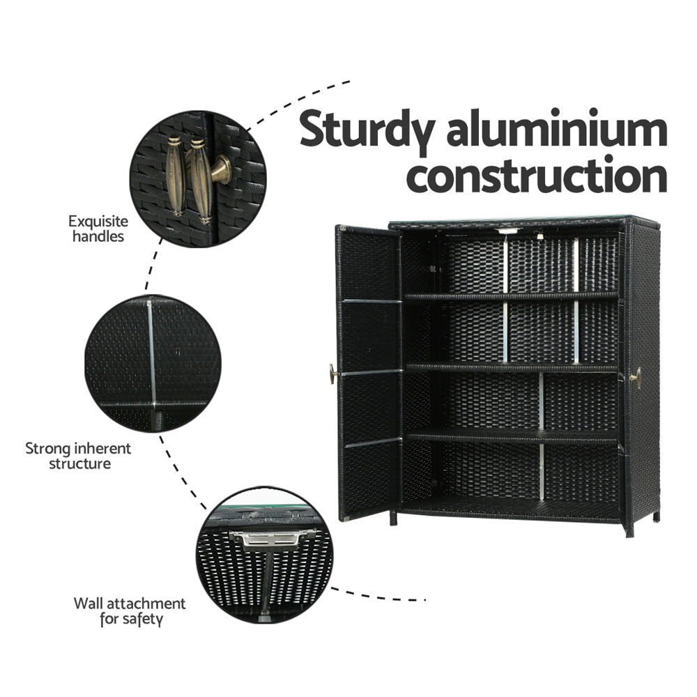 Wicker 2-in-1 Outdoor Table & Storage Cabinet with Glass Top - Black - Homecoze