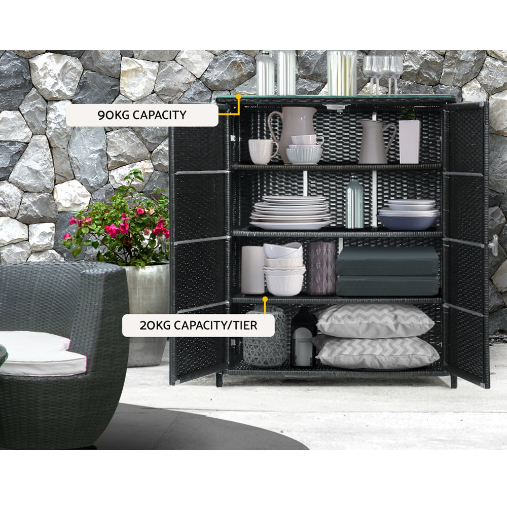 Wicker 2-in-1 Outdoor Table & Storage Cabinet with Glass Top - Black - Homecoze