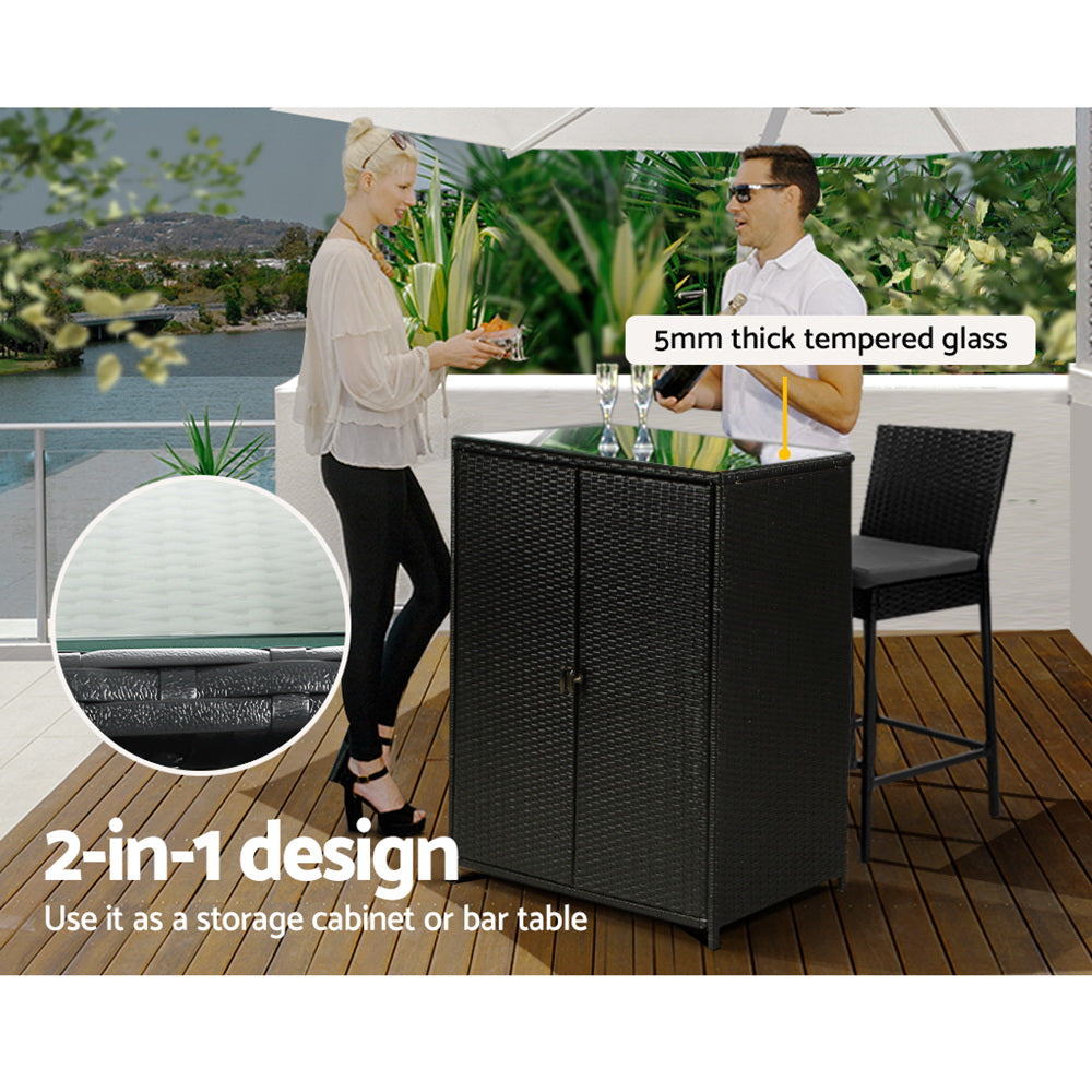 Wicker 2-in-1 Outdoor Table & Storage Cabinet with Glass Top - Black - Homecoze
