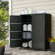 Wicker 2-in-1 Outdoor Table & Storage Cabinet with Glass Top - Black - Homecoze