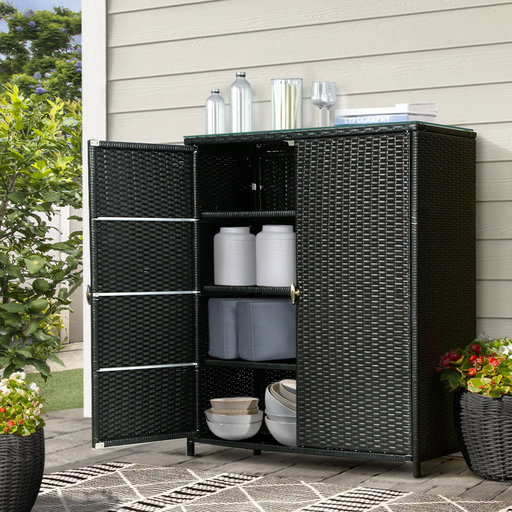 Wicker 2-in-1 Outdoor Table & Storage Cabinet with Glass Top - Black - Homecoze