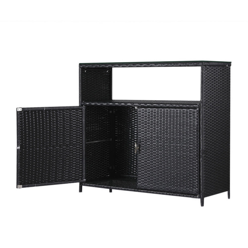 Outdoor Wicker Storage Cabinet & Bar Table – Black