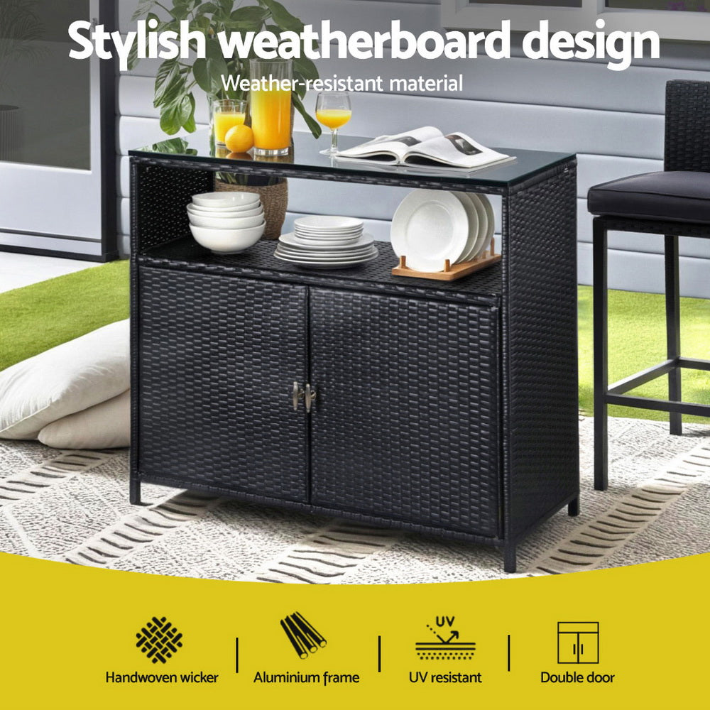 Outdoor Wicker Storage Cabinet & Bar Table – Black