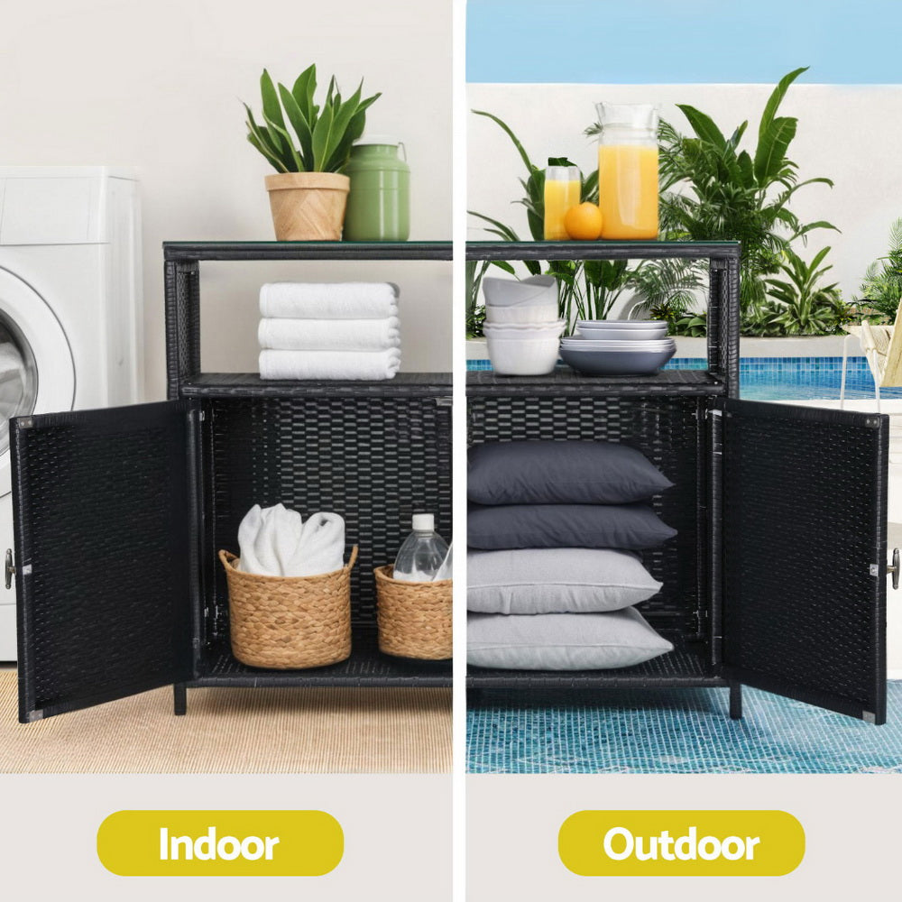 Outdoor Wicker Storage Cabinet & Bar Table – Black