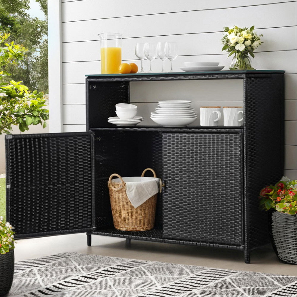 Outdoor Wicker Storage Cabinet & Bar Table – Black