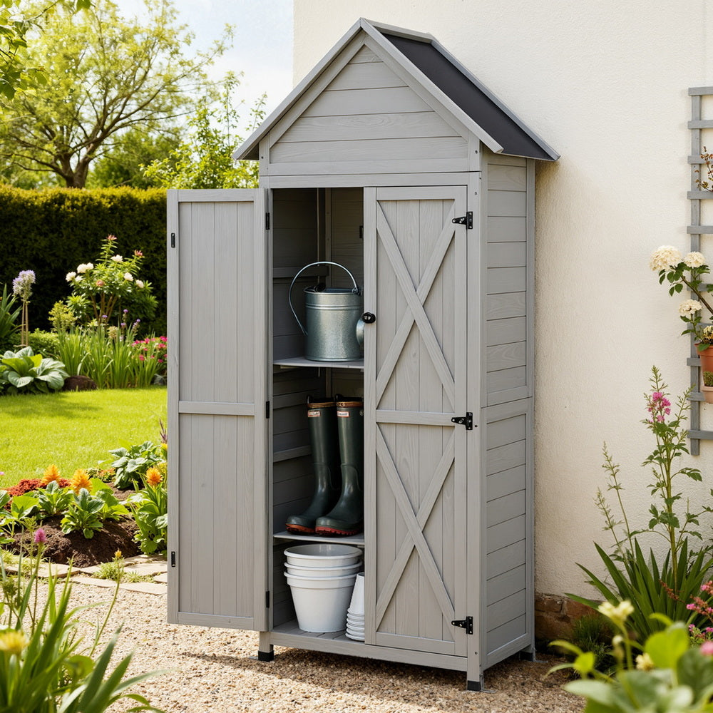 Outdoor Wooden Garden Storage Cabinet - Grey - Homecoze