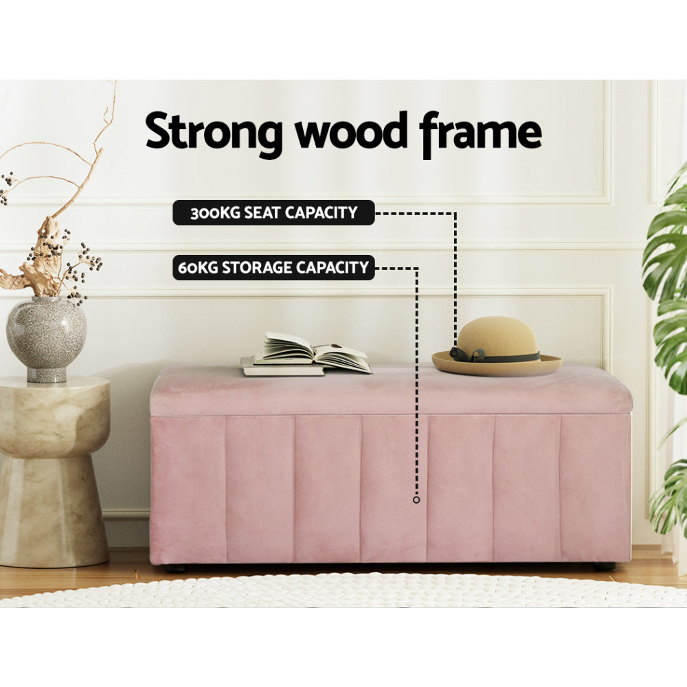 Premium Velvet 100cm Storage Chest Ottoman Blanket Box - Pink - Homecoze