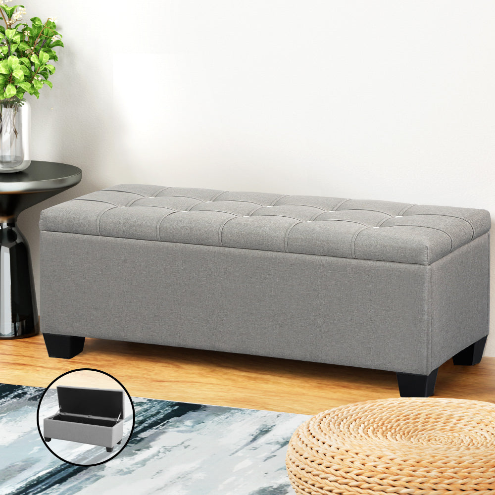 Large 97cm Storage Ottoman Blanket Box - Light Grey Linen Fabric - Homecoze