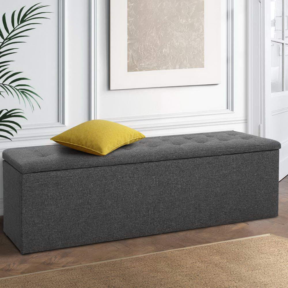 Extra Large 140cm Storage Ottoman Blanket Box - Grey Faux Linen - Homecoze