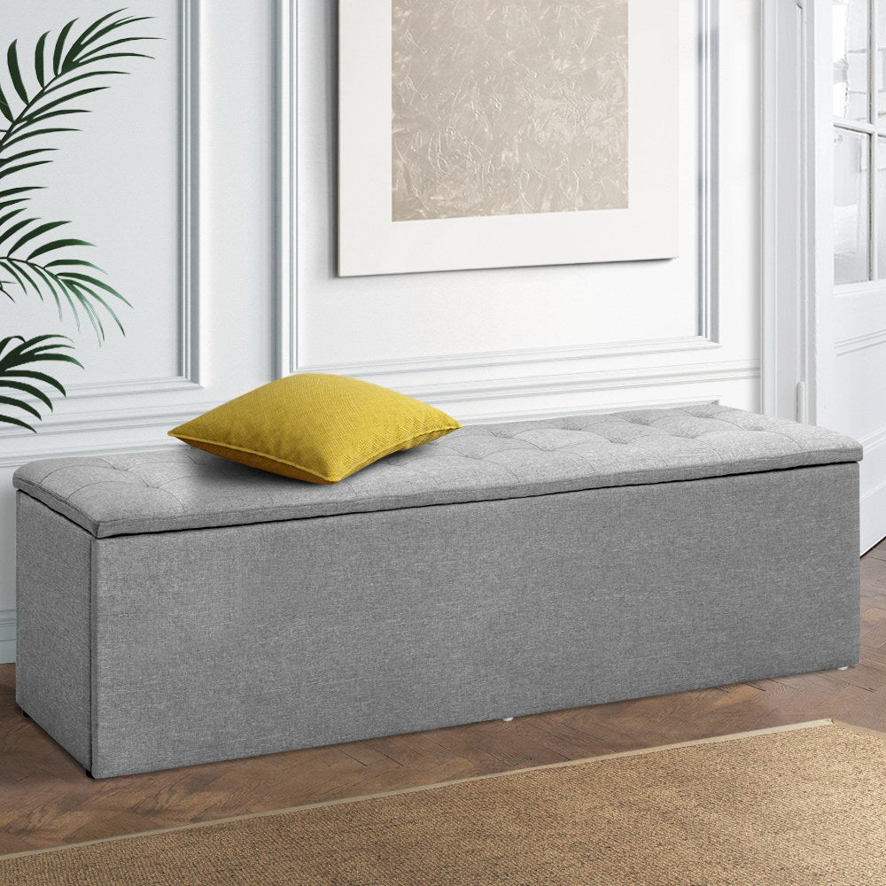 Extra Large 140cm Storage Ottoman Blanket Box - Light Grey Faux Linen - Homecoze